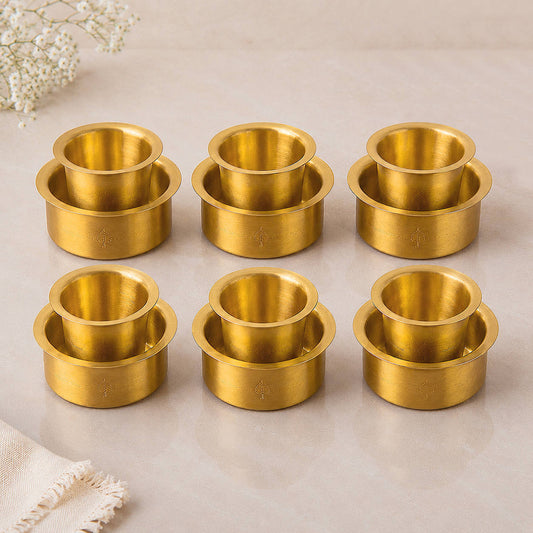 Traditional Brass Coffee Dabara (Davara) Set (Set of 6, 150 ml Cup and 200 ml Dabara, 720 gm)