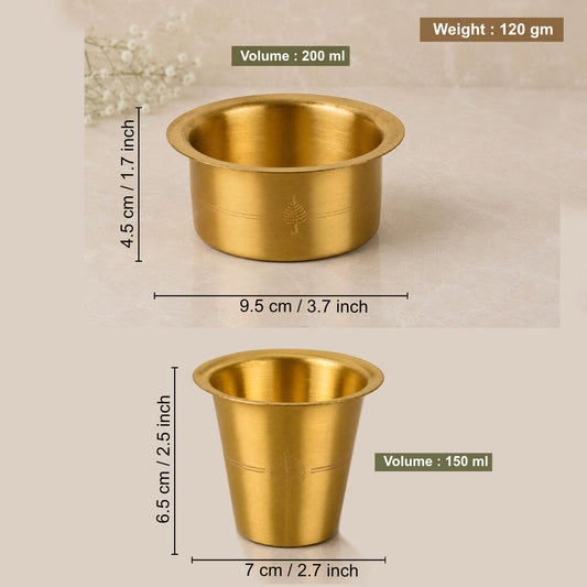 Traditional Brass Coffee Dabara (Davara) Set (Set of 6, 150 ml Cup and 200 ml Dabara, 720 gm)