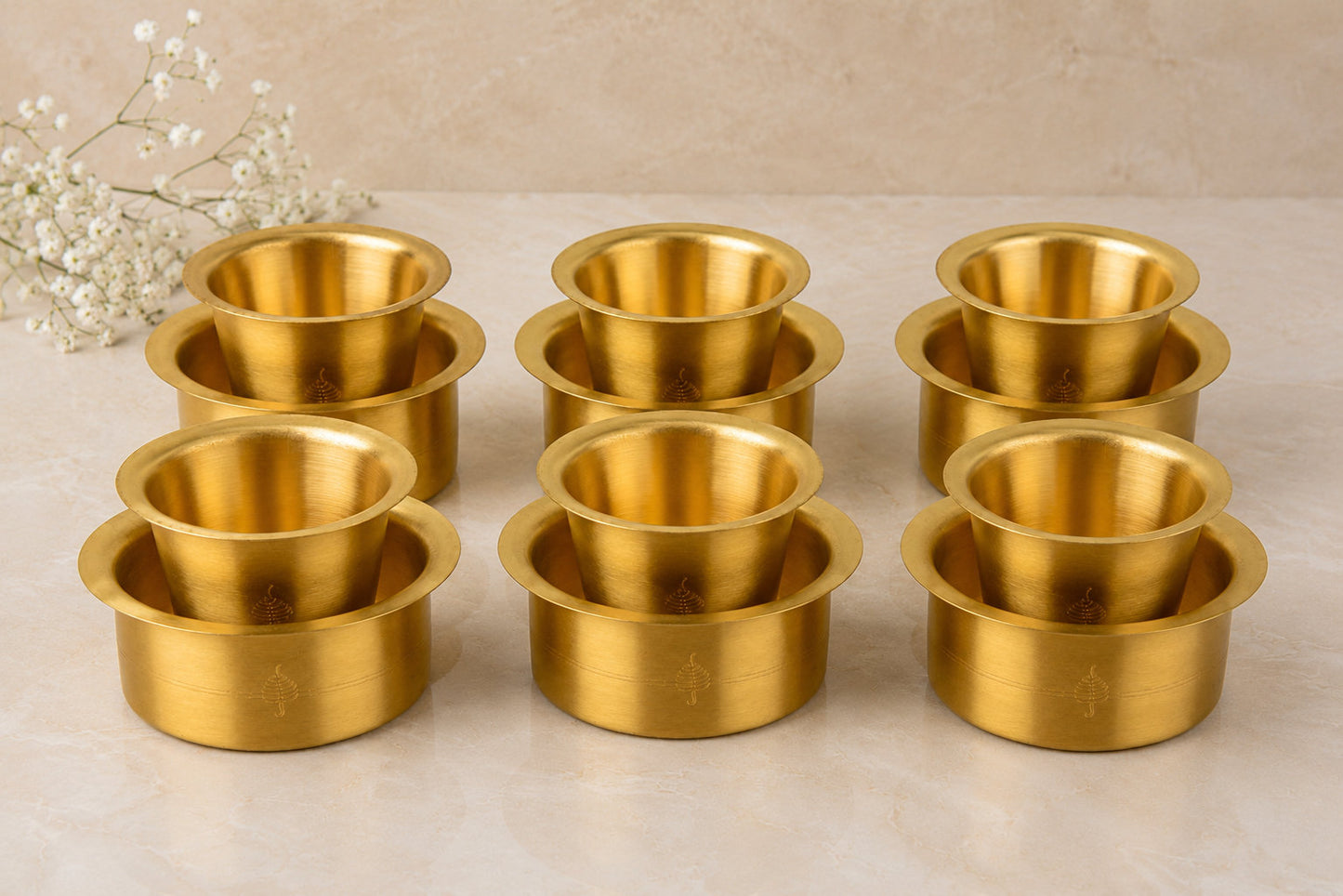 Traditional Brass Coffee Dabara (Davara) Set (Set of 6, 150 ml Cup and 200 ml Dabara, 720 gm)