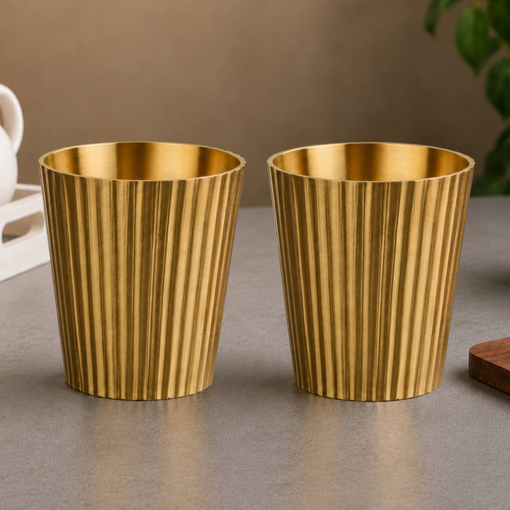 Pure Brass Line Matt Finish Heavy Drinking Glass (Set of 2, 250 ml Each, 280 gm Each, Golden Color)