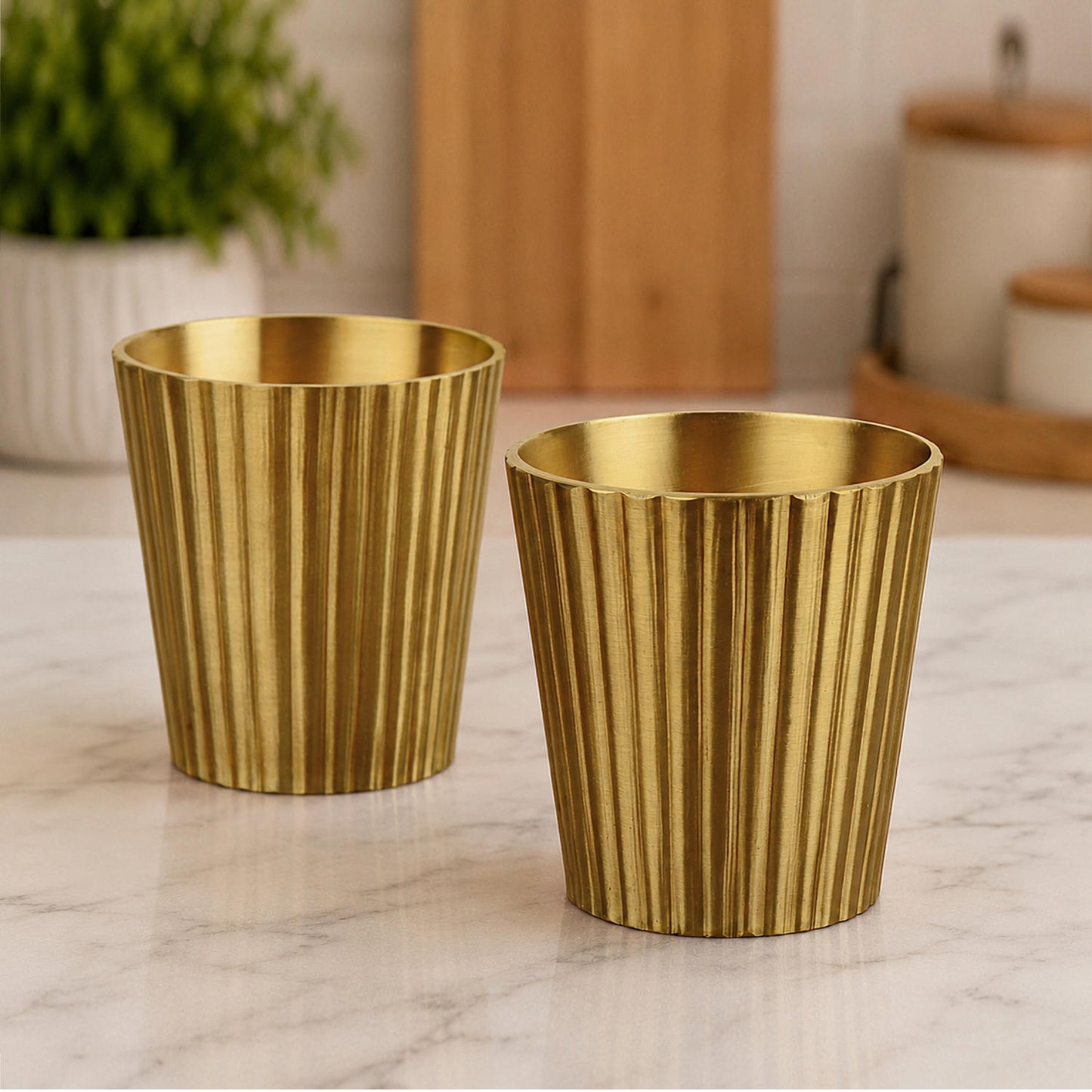 Pure Brass Line Matt Finish Heavy Drinking Glass (Set of 2, 250 ml Each, 280 gm Each, Golden Color)