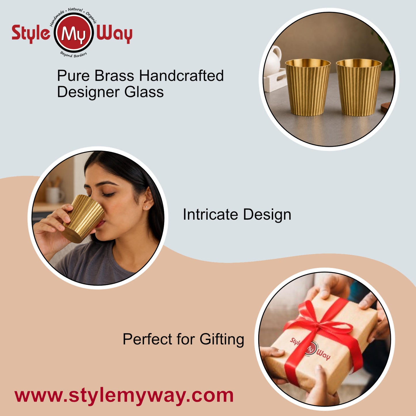 Pure Brass Line Matt Finish Heavy Drinking Glass (Set of 2, 250 ml Each, 280 gm Each, Golden Color)