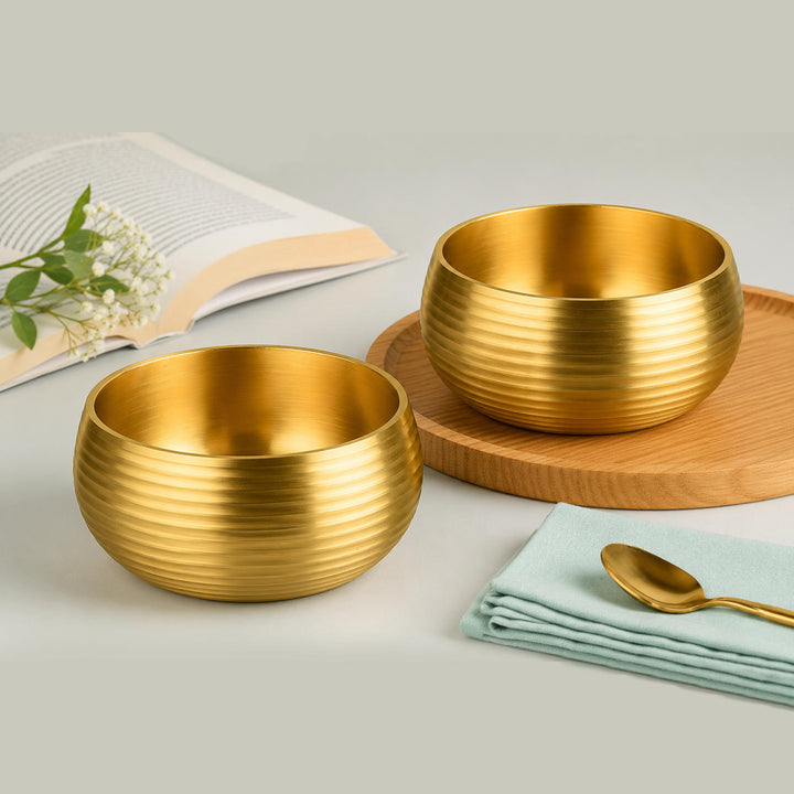 Pure Brass Ribbed Matt Finish Dessert Bowls (Set of 2, 200 ml Each, 240 gm Each)