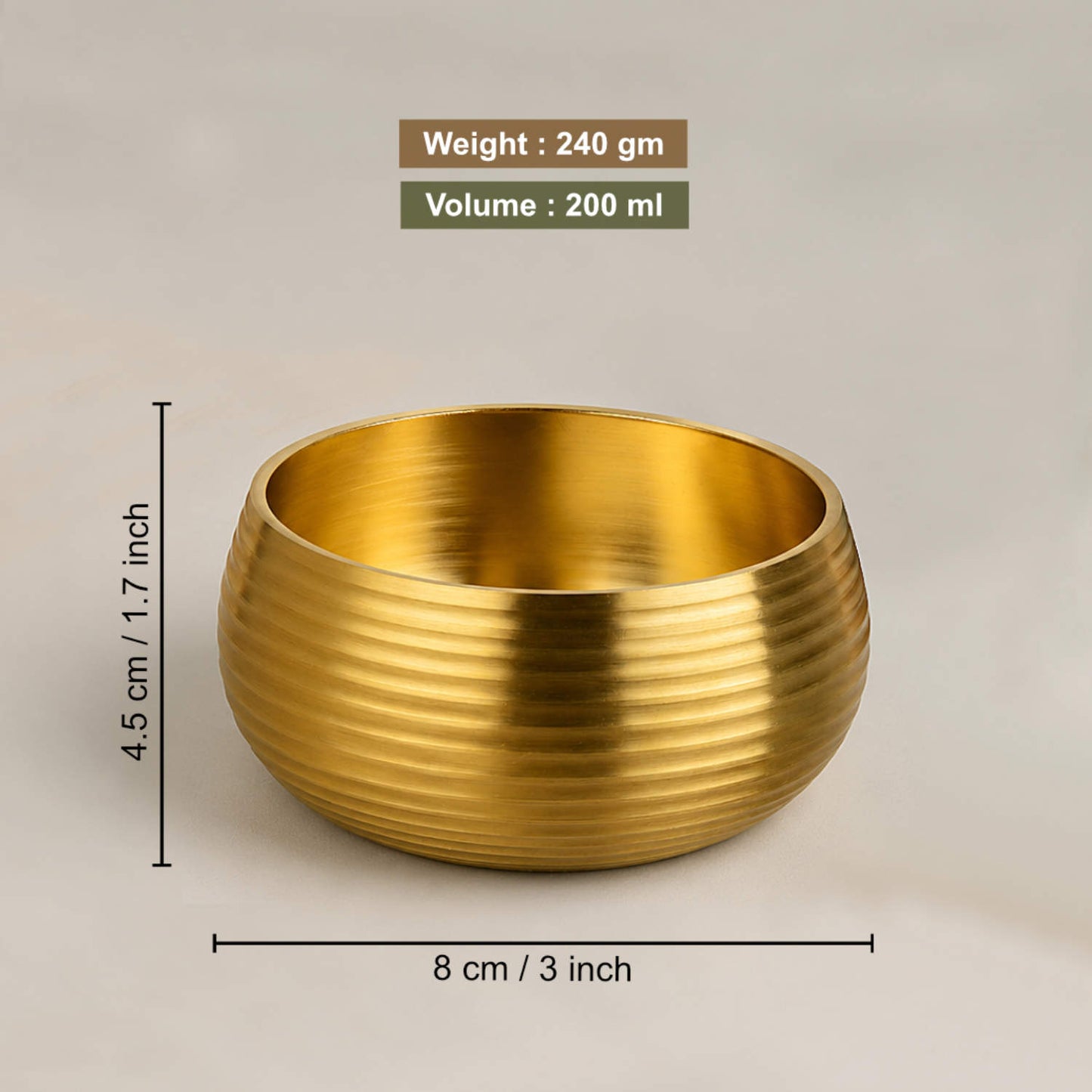 Pure Brass Ribbed Matt Finish Dessert Bowls (Set of 2, 200 ml Each, 240 gm Each)