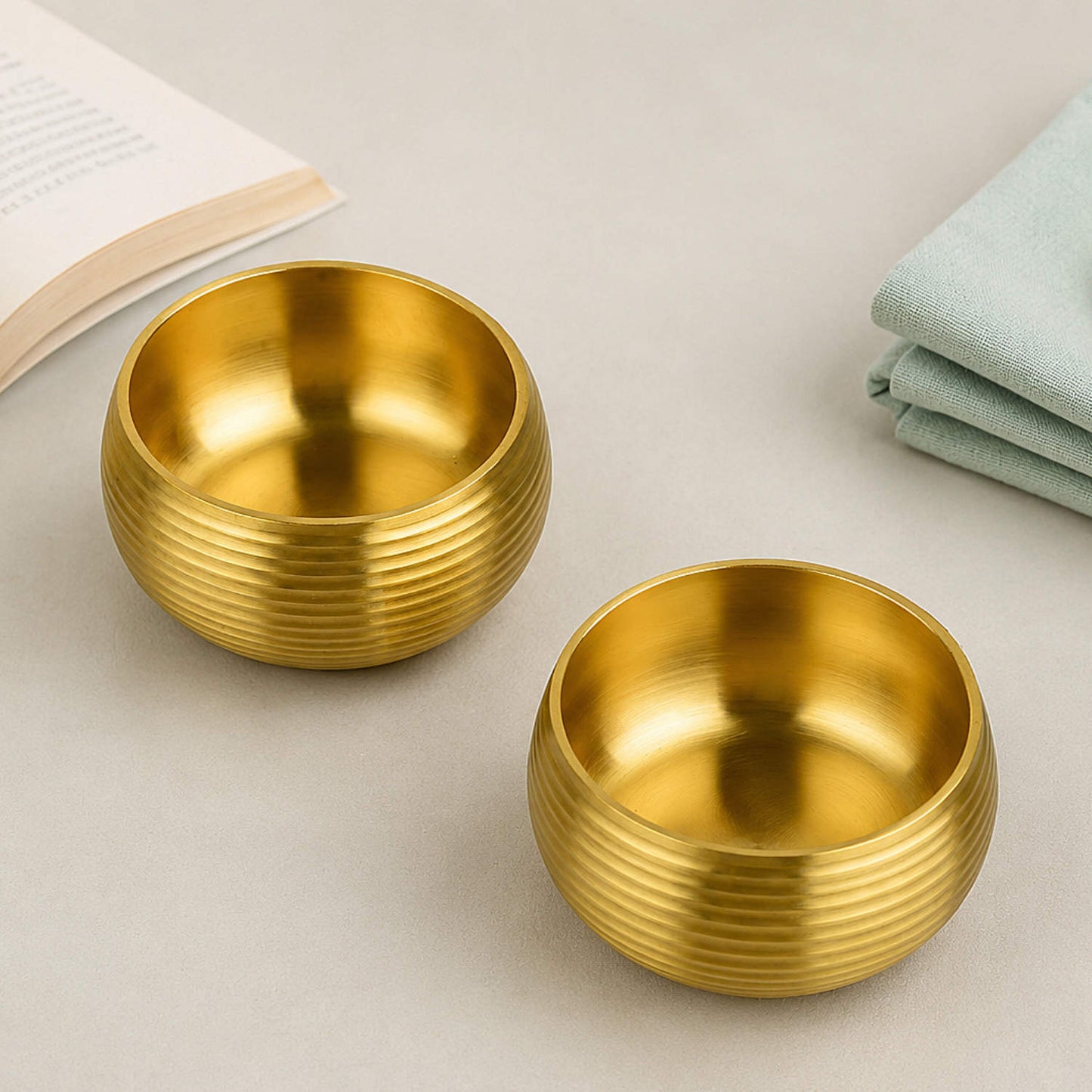 Pure Brass Ribbed Matt Finish Dessert Bowls (Set of 2, 200 ml Each, 240 gm Each)