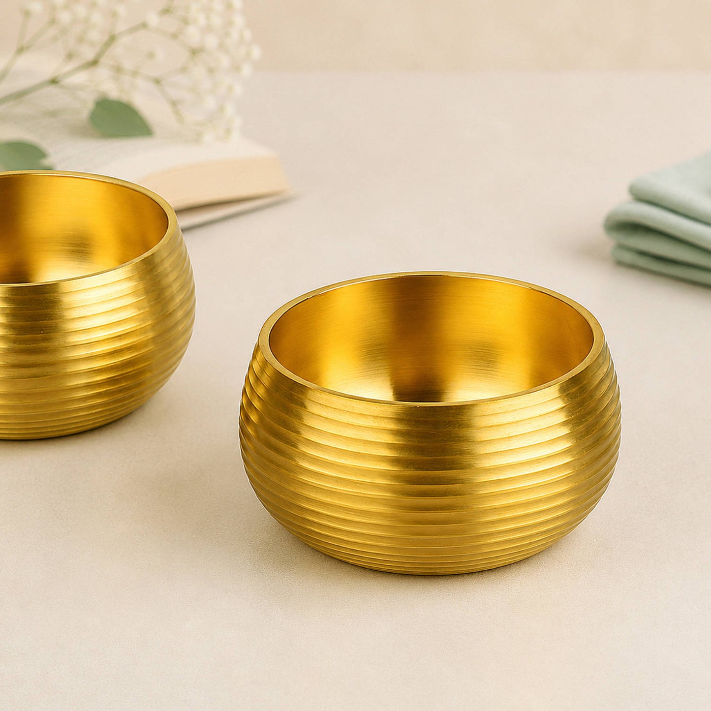 Pure Brass Ribbed Matt Finish Dessert Bowls (Set of 2, 200 ml Each, 240 gm Each)