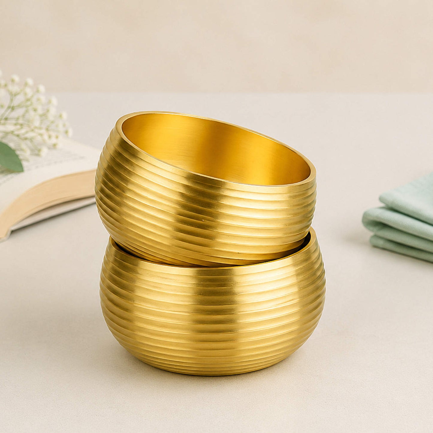 Pure Brass Ribbed Matt Finish Dessert Bowls (Set of 2, 200 ml Each, 240 gm Each)