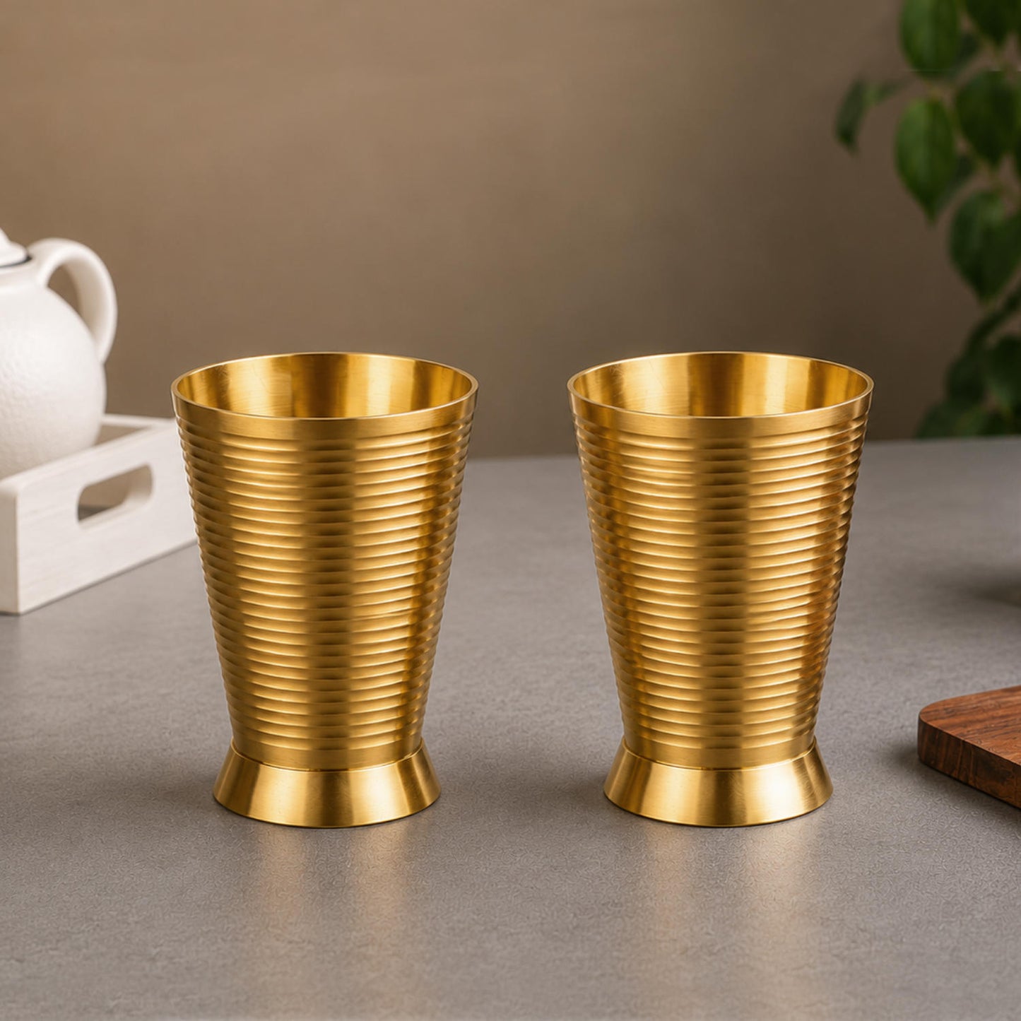 Pure Brass Ribbed Matt Finish Heavy Drinking Glass (Set of 2, 400 ml Each, 300 gm Each, Golden Color)
