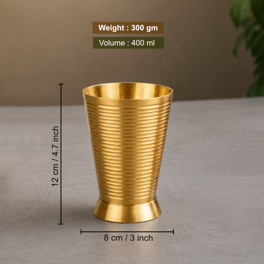 Pure Brass Ribbed Matt Finish Heavy Drinking Glass (Set of 2, 400 ml Each, 300 gm Each, Golden Color)