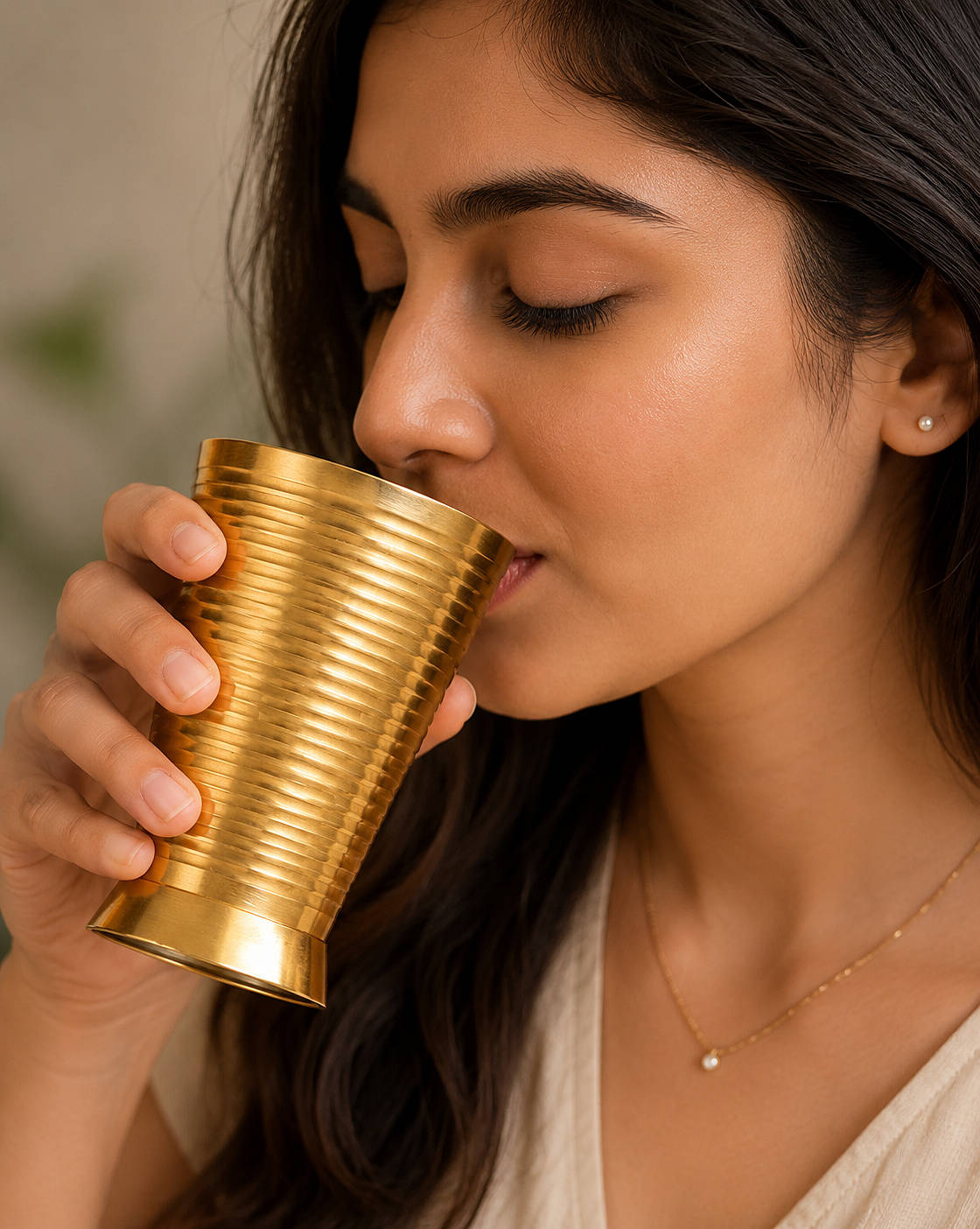 Pure Brass Ribbed Matt Finish Heavy Drinking Glass (Set of 2, 400 ml Each, 300 gm Each, Golden Color)