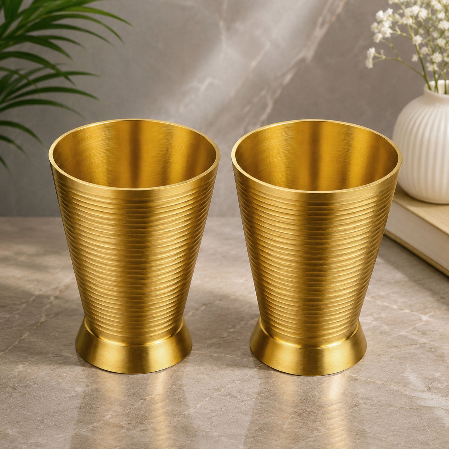 Pure Brass Ribbed Matt Finish Heavy Drinking Glass (Set of 2, 400 ml Each, 300 gm Each, Golden Color)