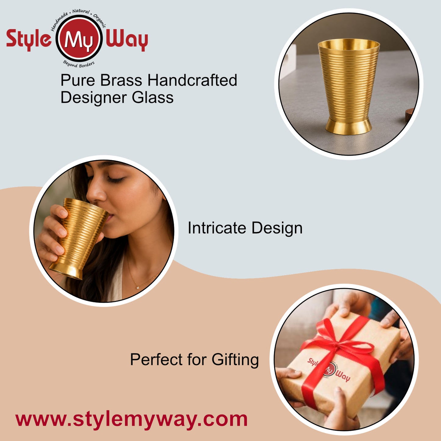 Pure Brass Ribbed Matt Finish Heavy Drinking Glass (Set of 2, 400 ml Each, 300 gm Each, Golden Color)