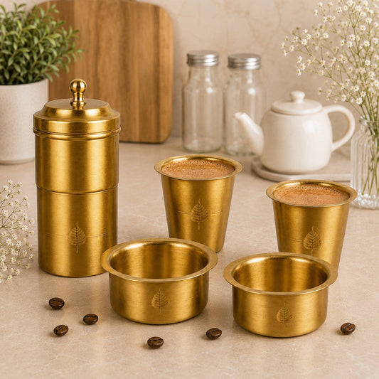Pure Brass Coffee Filter Set with 2 Traditional Dabara Davara Tumbler Sets
