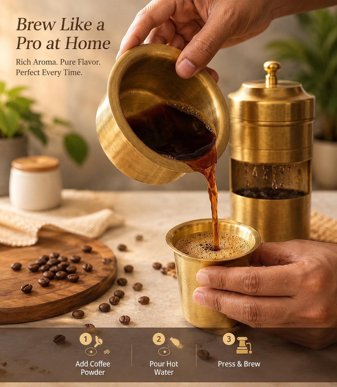 Pure Brass Coffee Filter Set with 2 Traditional Dabara Davara Tumbler Sets