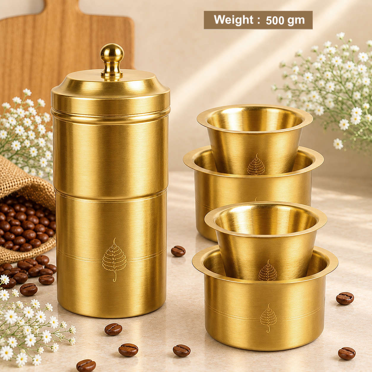 Pure Brass Coffee Filter Set with 2 Traditional Dabara Davara Tumbler Sets