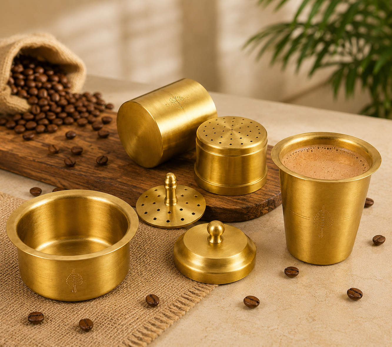 Pure Brass Coffee Filter Set with 2 Traditional Dabara Davara Tumbler Sets