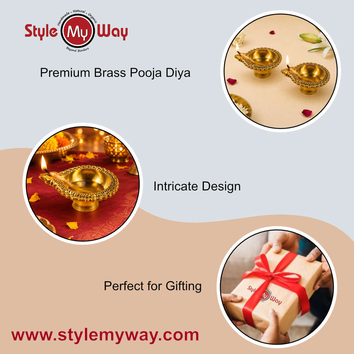 Brass Decorative Pooja Aarti Diya Set (Set of 2, L x B x H - 7 x 5.5 x 2 cm, 50 gm)