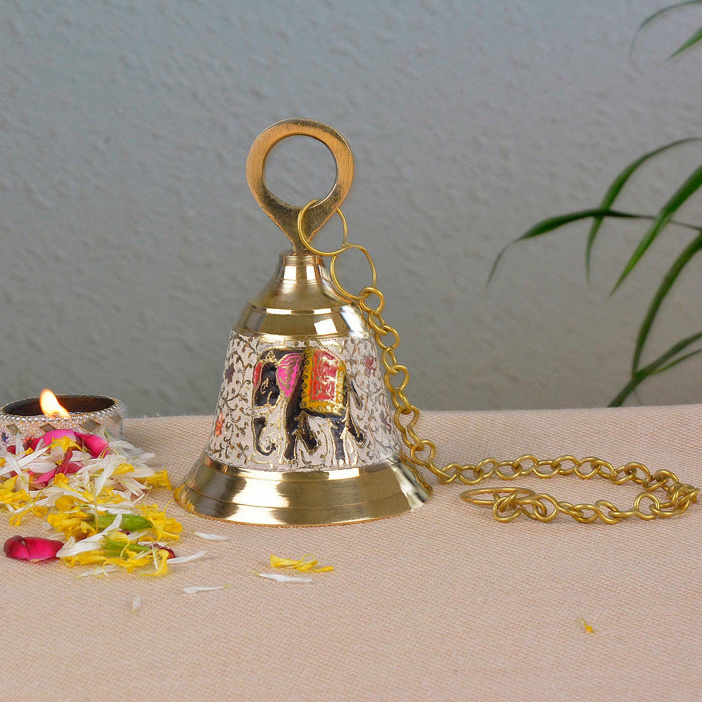 StyleMyway Pure Brass Hanging Temple Bell with Elephant engraving (Diameter - 12 cm, Height - 15.5 cm, 650 gm)