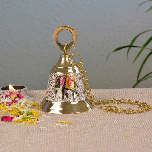 StyleMyway Pure Brass Hanging Temple Bell with Elephant engraving (Diameter - 12 cm, Height - 15.5 cm, 650 gm)