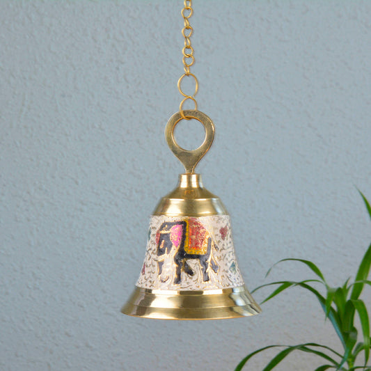 StyleMyway Pure Brass Hanging Temple Bell with Elephant engraving (Diameter - 10.5 cm, Height - 15.5 cm, 485 gm)