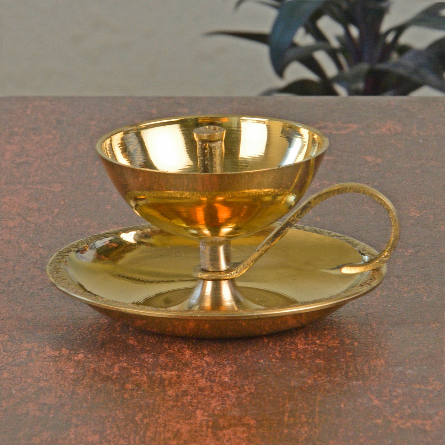 Brass Jyoti Pooja Diya with Plate (Diameter - 8 cm, Height - 5 cm, 100 gm) - View 3