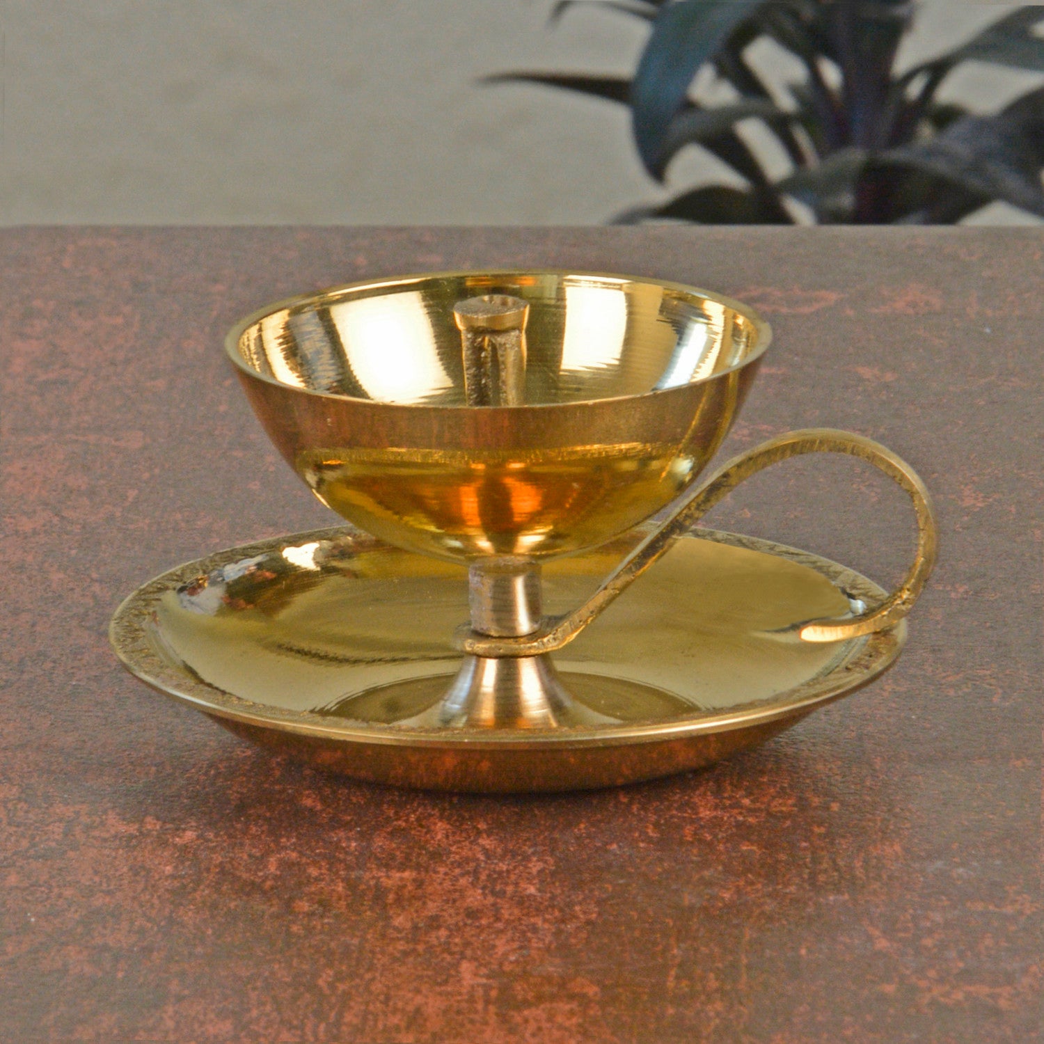 Brass Jyoti Pooja Diya with Plate (Diameter - 8 cm, Height - 5 cm, 100 gm) - View 3