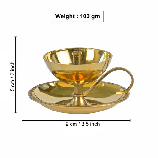 Brass Jyoti Pooja Diya with Plate (Diameter - 8 cm, Height - 5 cm, 100 gm) - View 2