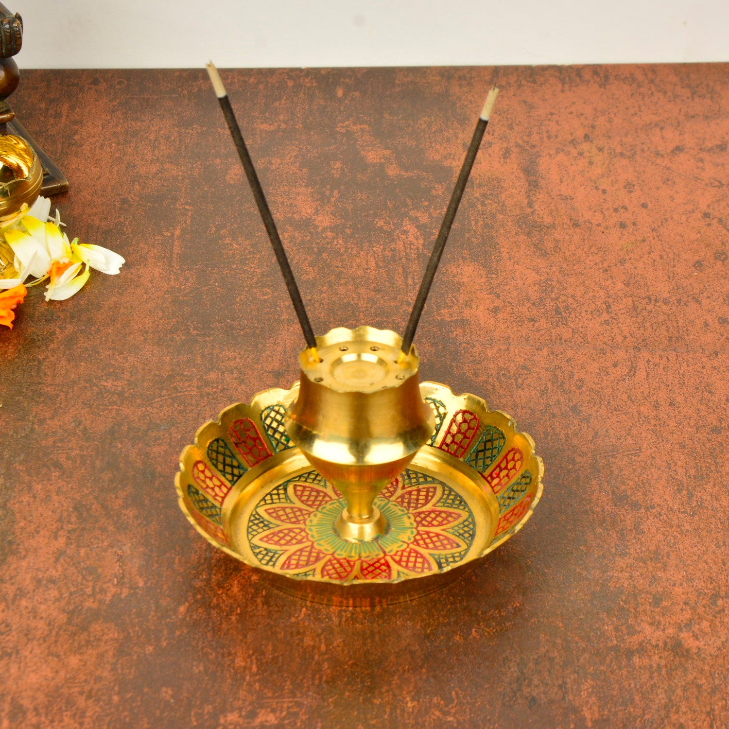 Brass Incense Holder with Ash Catcher (Diameter - 10.5 cm, Height - 6 cm, 160 gm)
