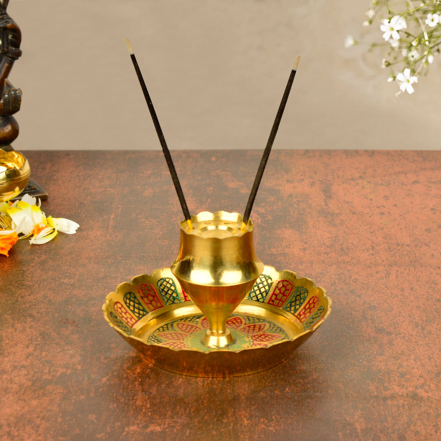 Brass Incense Holder with Ash Catcher (Diameter - 10.5 cm, Height - 6 cm, 160 gm) - View 3