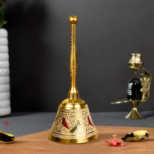 Brass Pooja Minakari Work Bell with Handle (Diameter - 6 cm, Height - 15 cm, 165 gm)