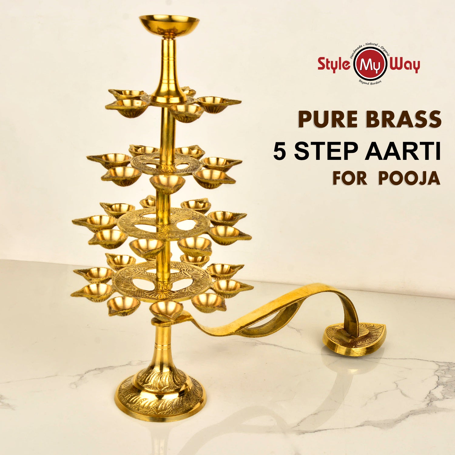 Handcrafted Pure Brass Ganga Aarti Pooja Diya with Handle 5 Tier 31 Wicks (Height - 35 cm, 1300 gm) - View 7