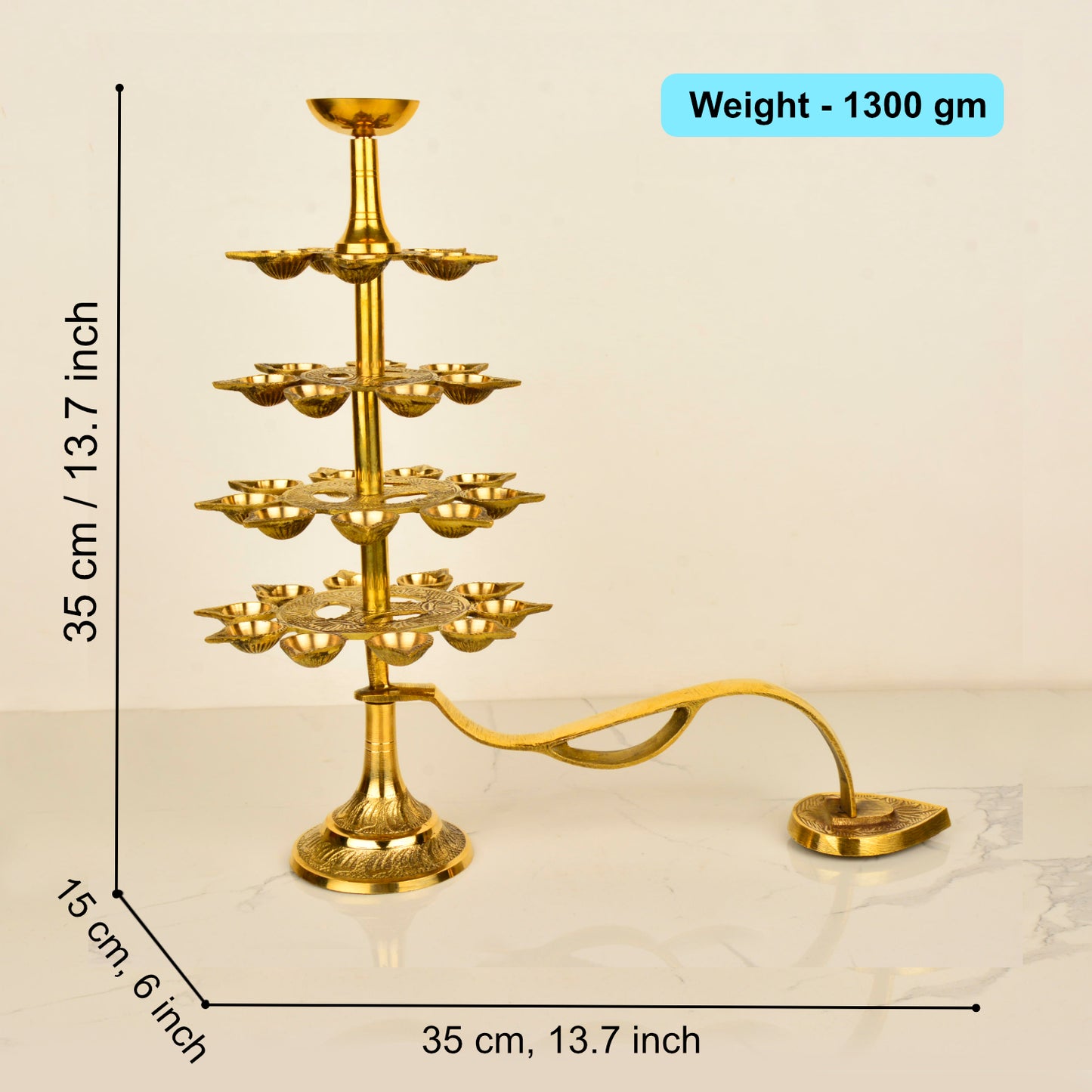 Handcrafted Pure Brass Ganga Aarti Pooja Diya with Handle 5 Tier 31 Wicks (Height - 35 cm, 1300 gm) - View 2