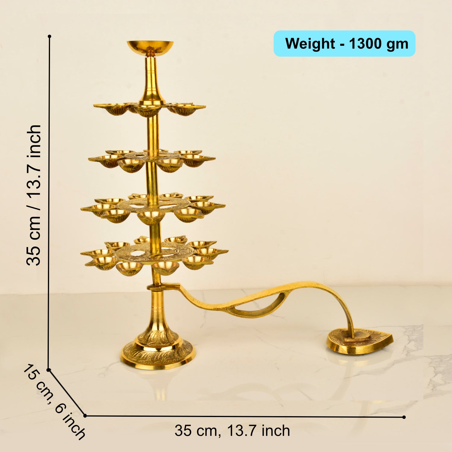 Handcrafted Pure Brass Ganga Aarti Pooja Diya with Handle 5 Tier 31 Wicks (Height - 35 cm, 1300 gm) - View 2