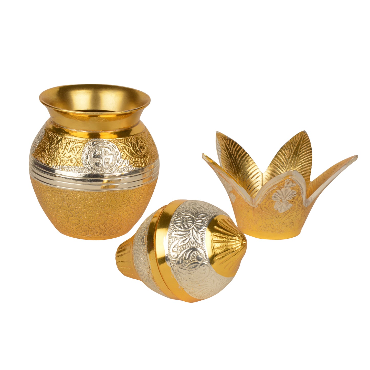 Handcrafted Premium Brass Mangal Kalash with Metalic Coconut and Leaves (Height - 16 cm, 750 gm) - View 3