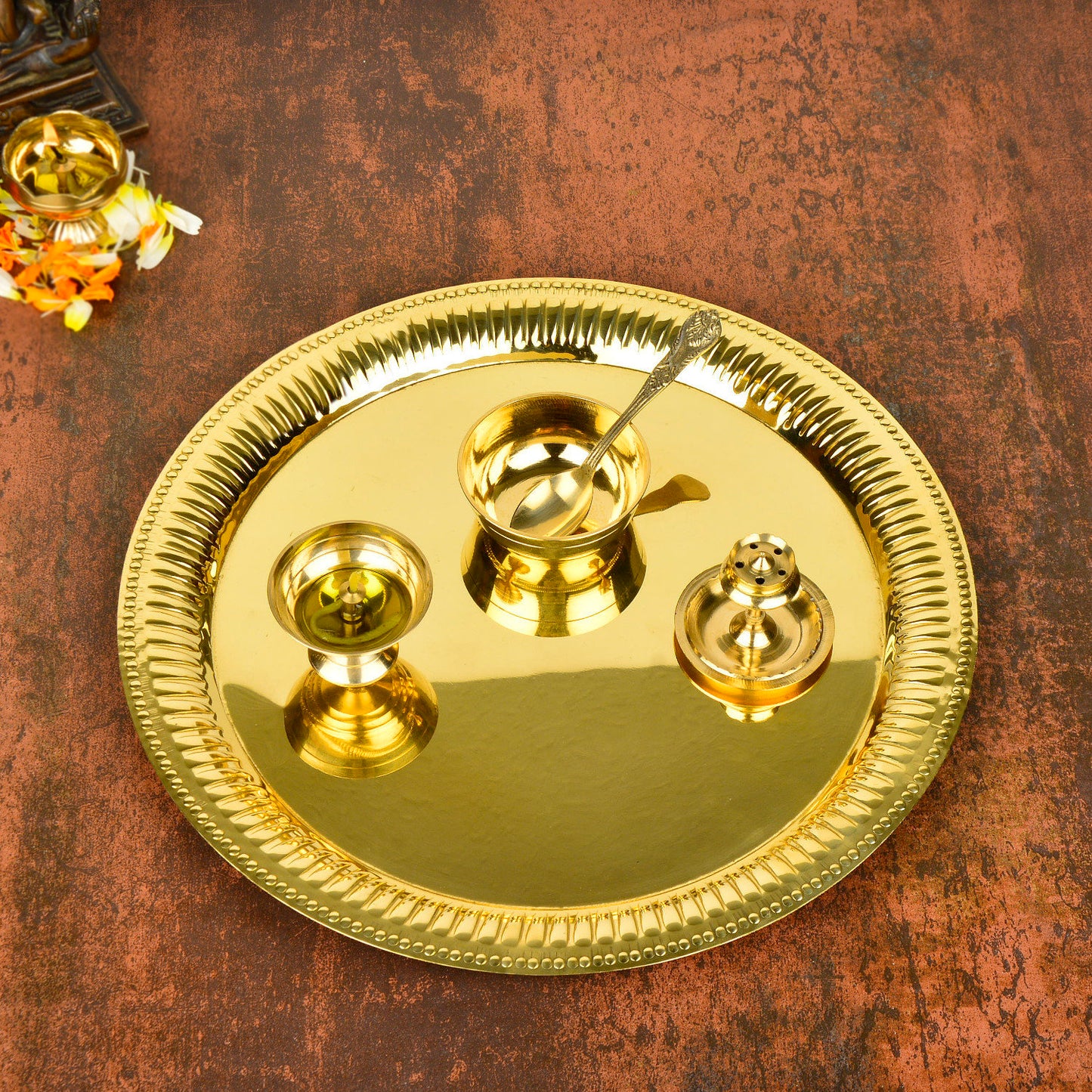 Premium Pure Brass Traditional Pooja Thali Set ( Diameter – 26 cm, Weight – 535 gm, Thali, Diya, Agardan, Katori, Spoon)