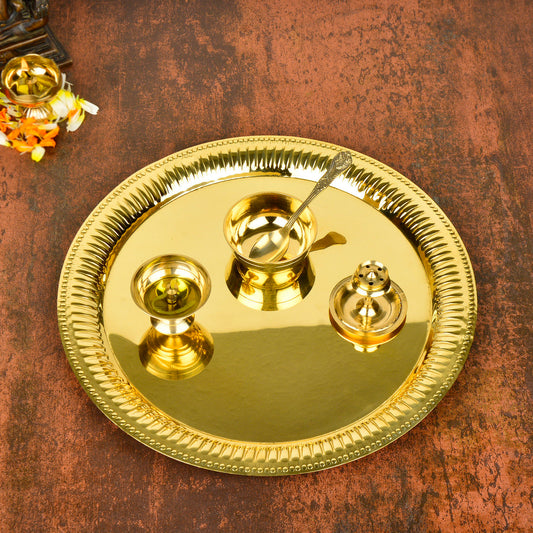 Premium Pure Brass Traditional Pooja Thali Set ( Diameter – 26 cm, Weight – 535 gm, Thali, Diya, Agardan, Katori, Spoon)