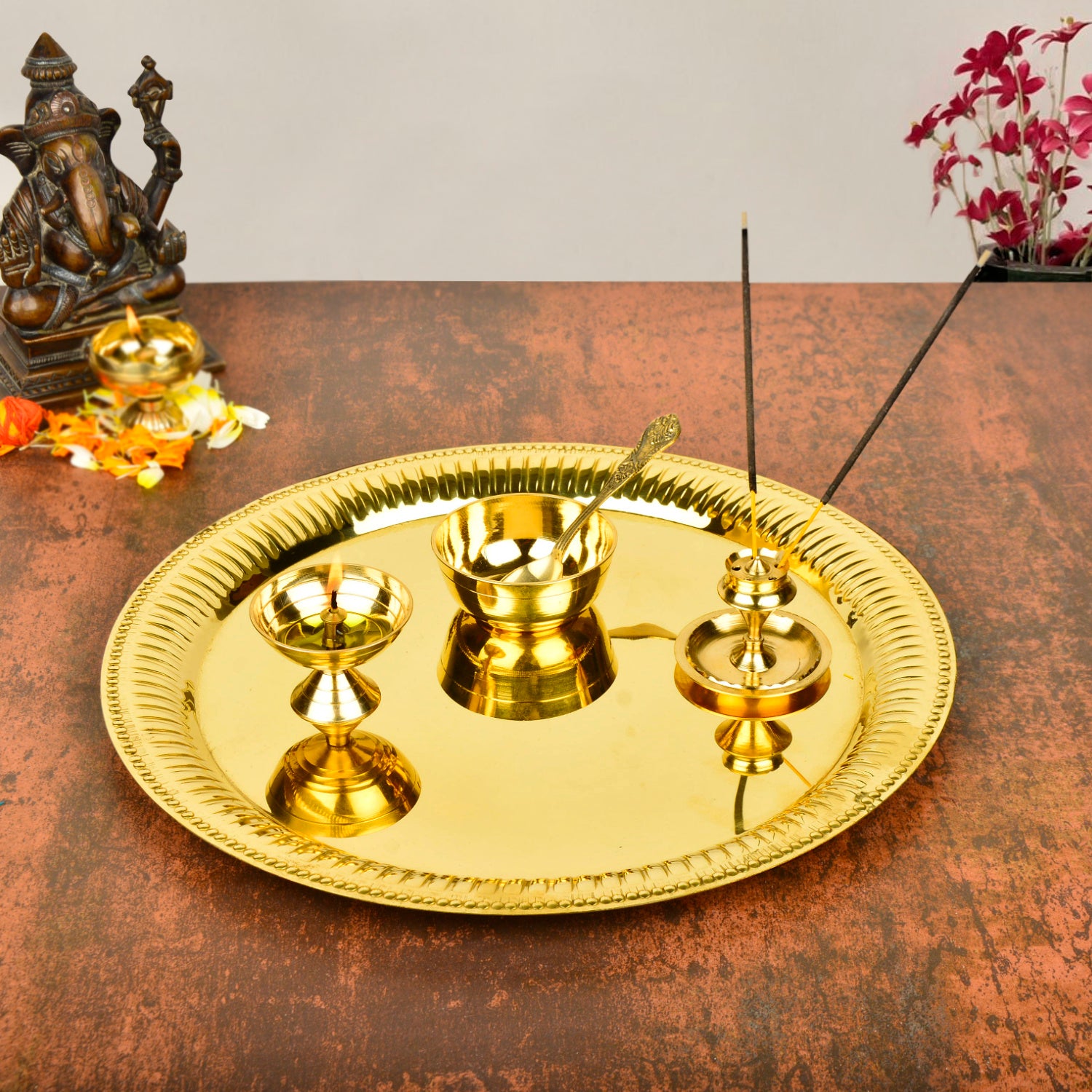 Premium Pure Brass Traditional Pooja Thali Set ( Diameter – 26 cm, Weight – 535 gm, Thali, Diya, Agardan, Katori, Spoon) - View 3