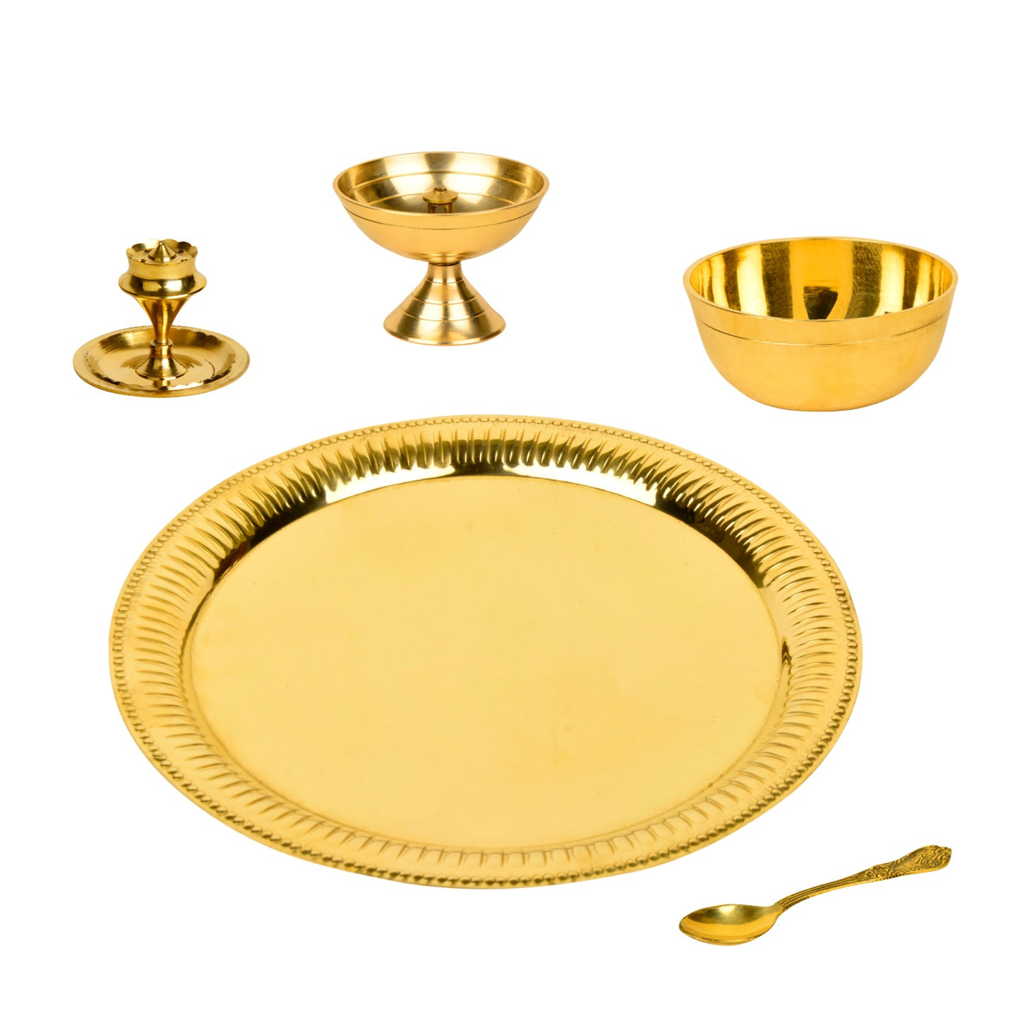 Premium Pure Brass Traditional Pooja Thali Set ( Diameter – 26 cm, Weight – 535 gm, Thali, Diya, Agardan, Katori, Spoon) - View 4