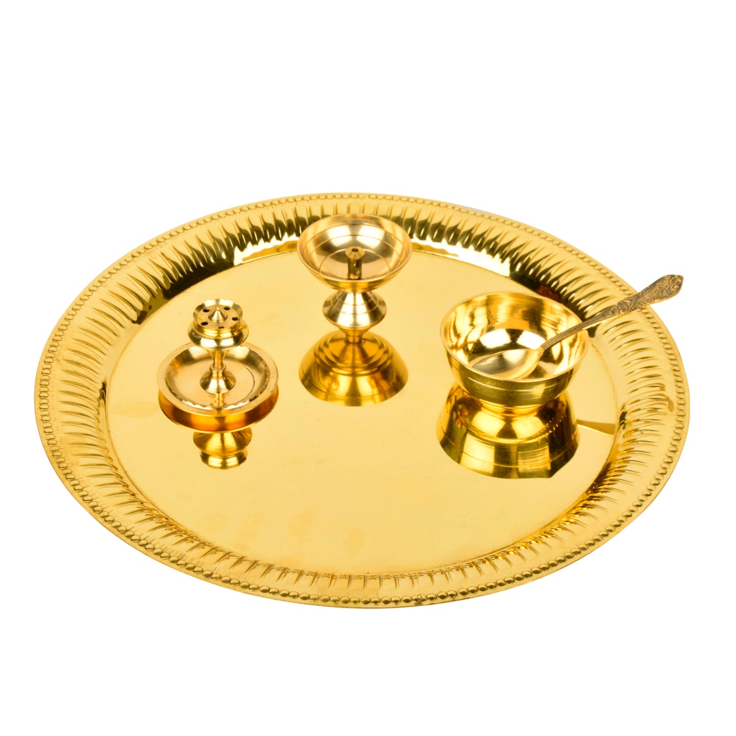 Premium Pure Brass Traditional Pooja Thali Set ( Diameter – 26 cm, Weight – 535 gm, Thali, Diya, Agardan, Katori, Spoon) - View 5
