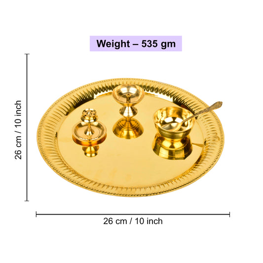 Premium Pure Brass Traditional Pooja Thali Set ( Diameter – 26 cm, Weight – 535 gm, Thali, Diya, Agardan, Katori, Spoon) - View 2