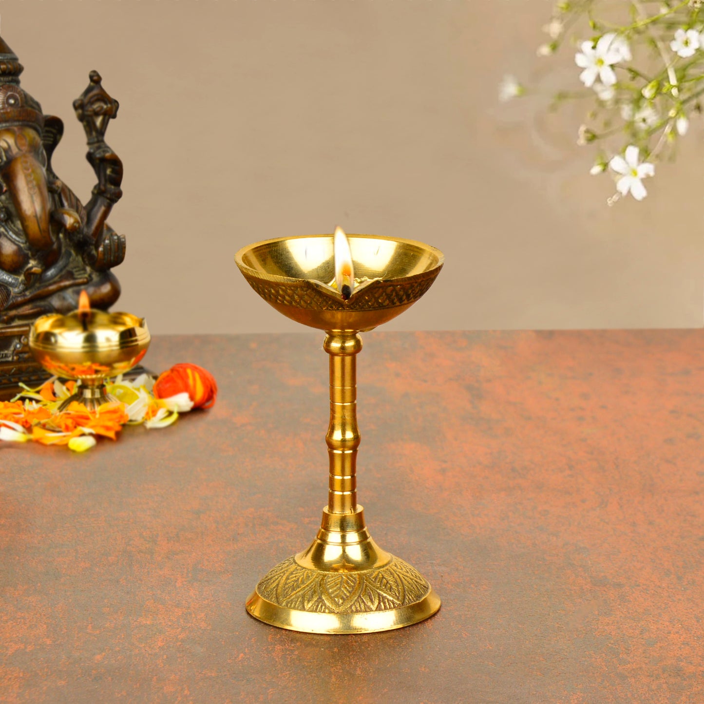 Brass Traditional Standing Pooja Diya (Diameter – 6.5 cm, Height - 9 cm, 80 gm) - View 3
