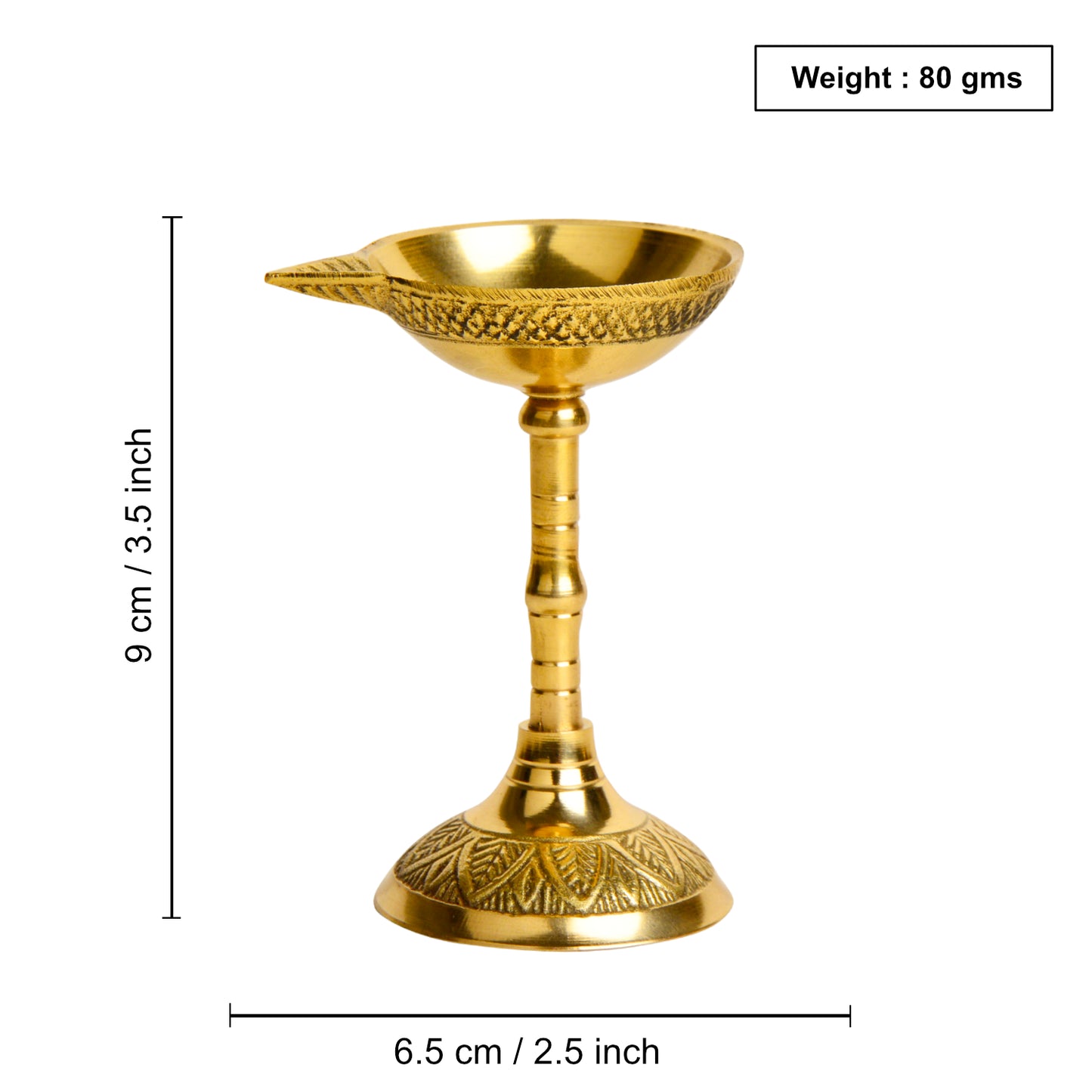 Brass Traditional Standing Pooja Diya (Diameter – 6.5 cm, Height - 9 cm, 80 gm) - View 2