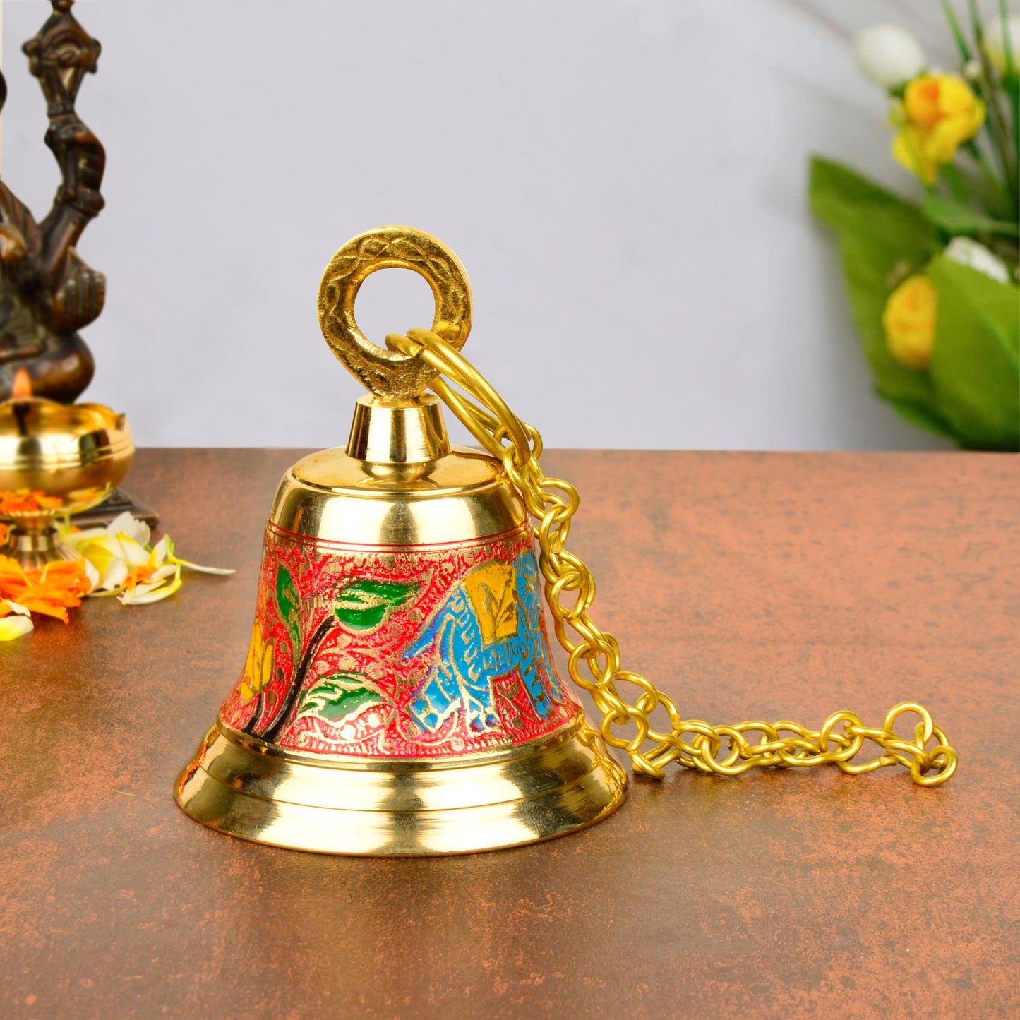 StyleMyway Pure Brass Hanging Temple Bell with Blue Elephant Engraving (Diameter - 9 cm, Height – 11.5 cm, 370 gm)