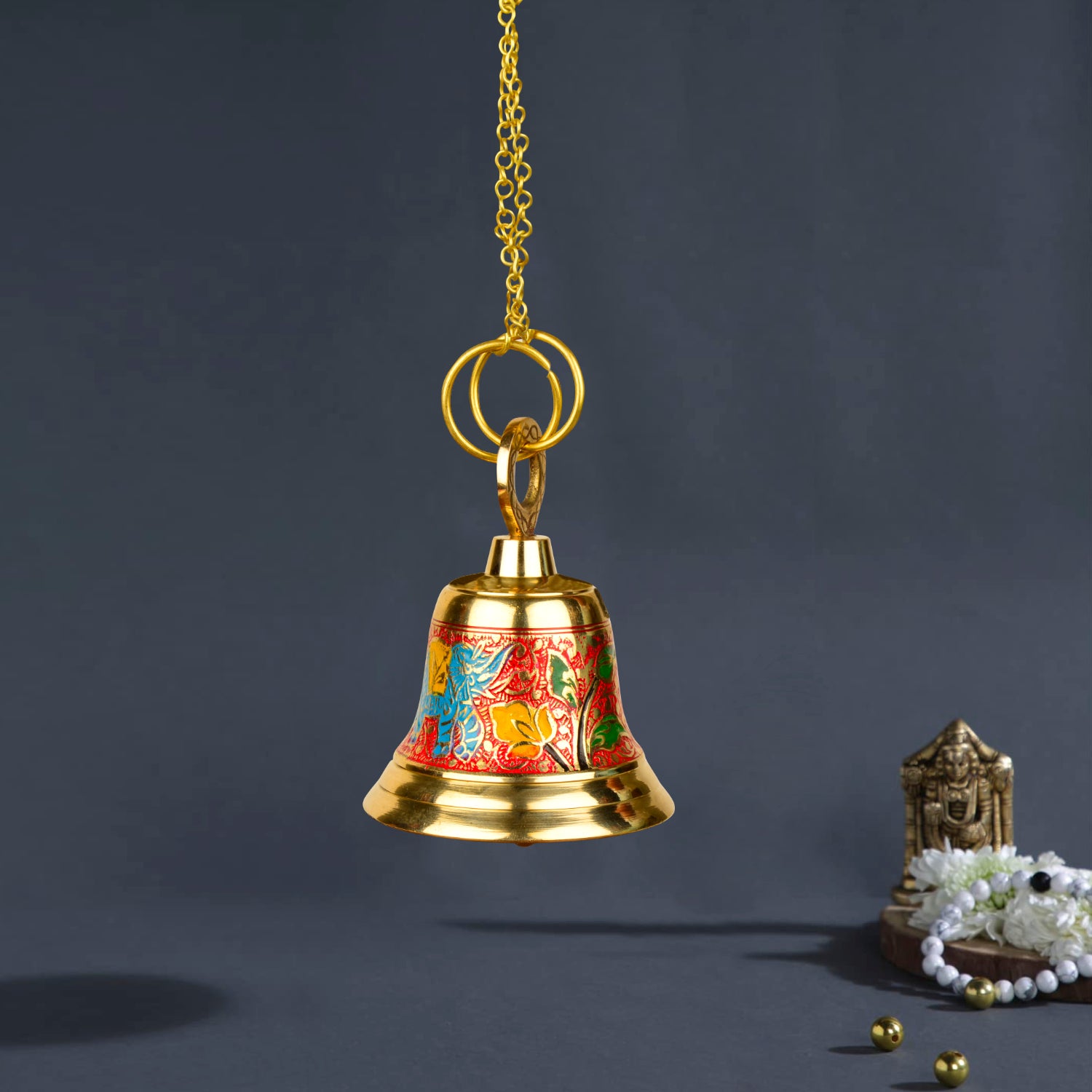 StyleMyway Pure Brass Hanging Temple Bell with Blue Elephant Engraving (Diameter - 9 cm, Height – 11.5 cm, 370 gm) - View 3