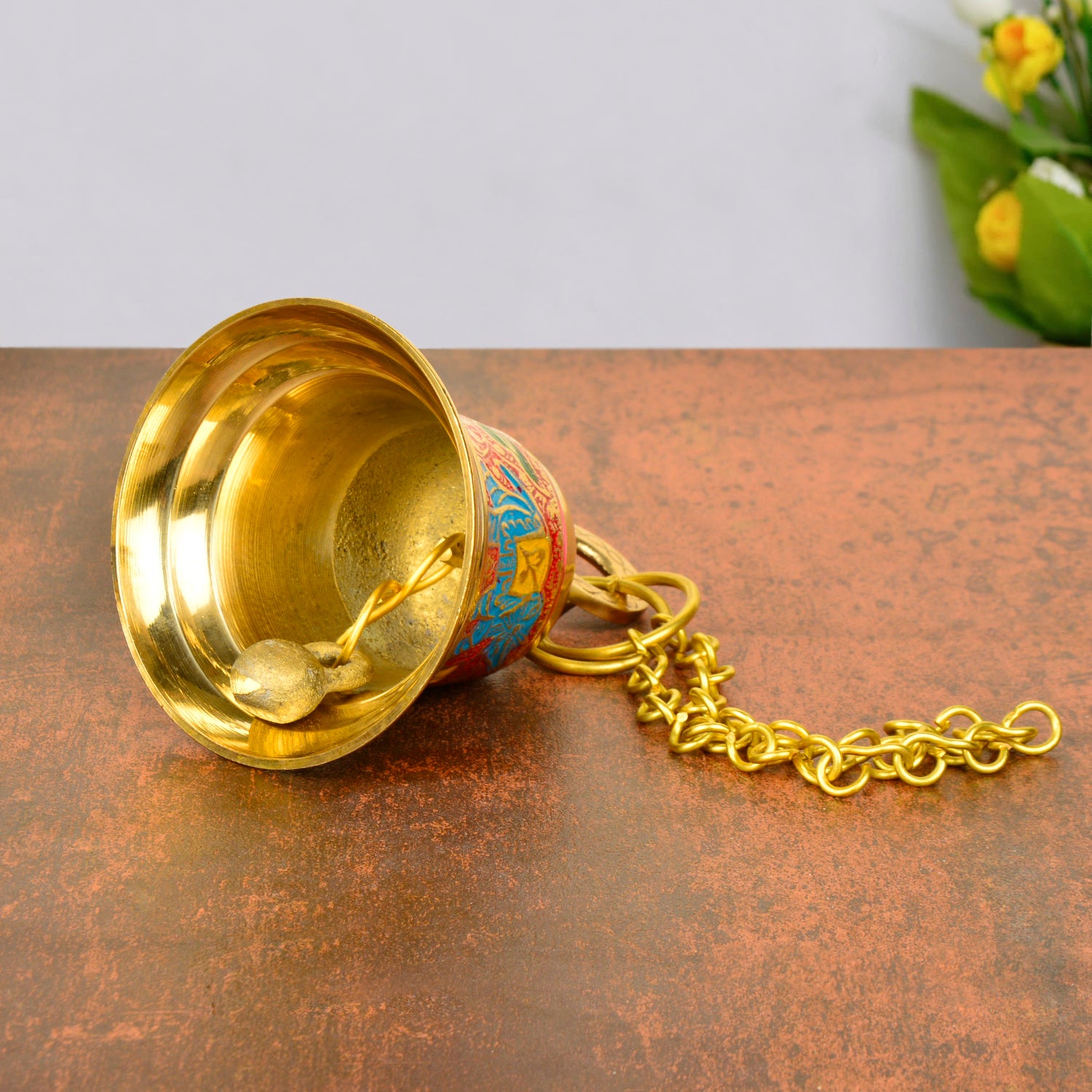StyleMyway Pure Brass Hanging Temple Bell with Blue Elephant Engraving (Diameter - 9 cm, Height – 11.5 cm, 370 gm) - View 4