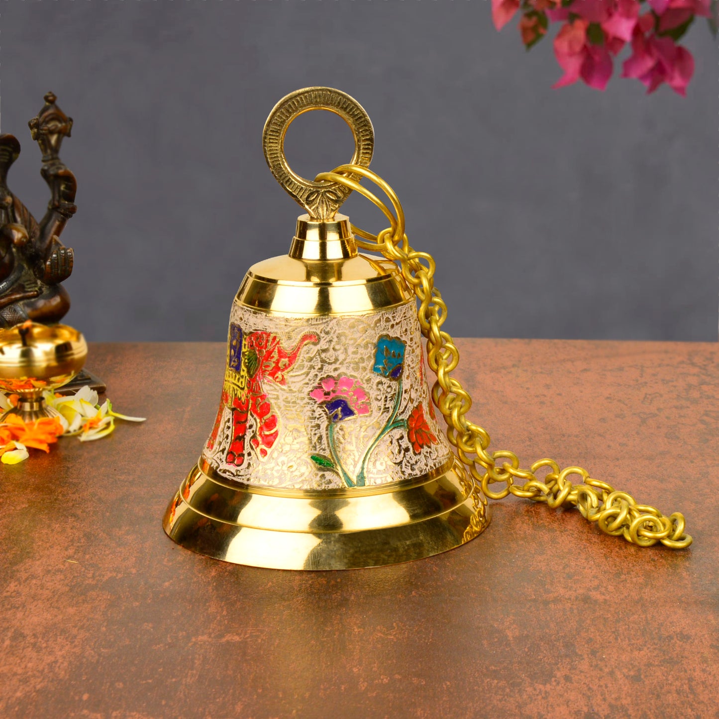 StyleMyway Pure Brass Hanging Temple Bell with Red Elephant Engraving (Diameter - 9 cm, Height – 11.5 cm, 370 gm)