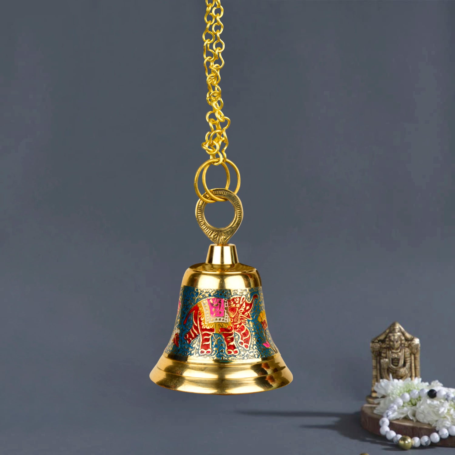 StyleMyway Pure Brass Hanging Temple Bell with Blue Elephant Engraving (Diameter - 12 cm, Height – 16 cm, 710 gm)