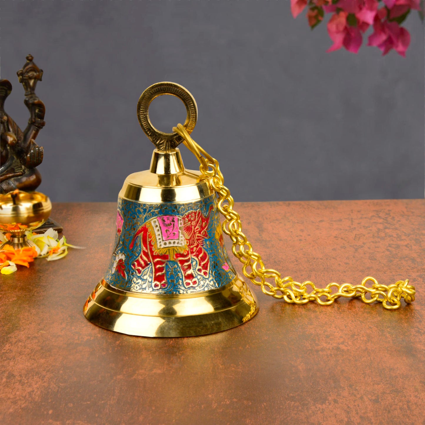 StyleMyway Pure Brass Hanging Temple Bell with Blue Elephant Engraving (Diameter - 12 cm, Height – 16 cm, 710 gm) - View 3