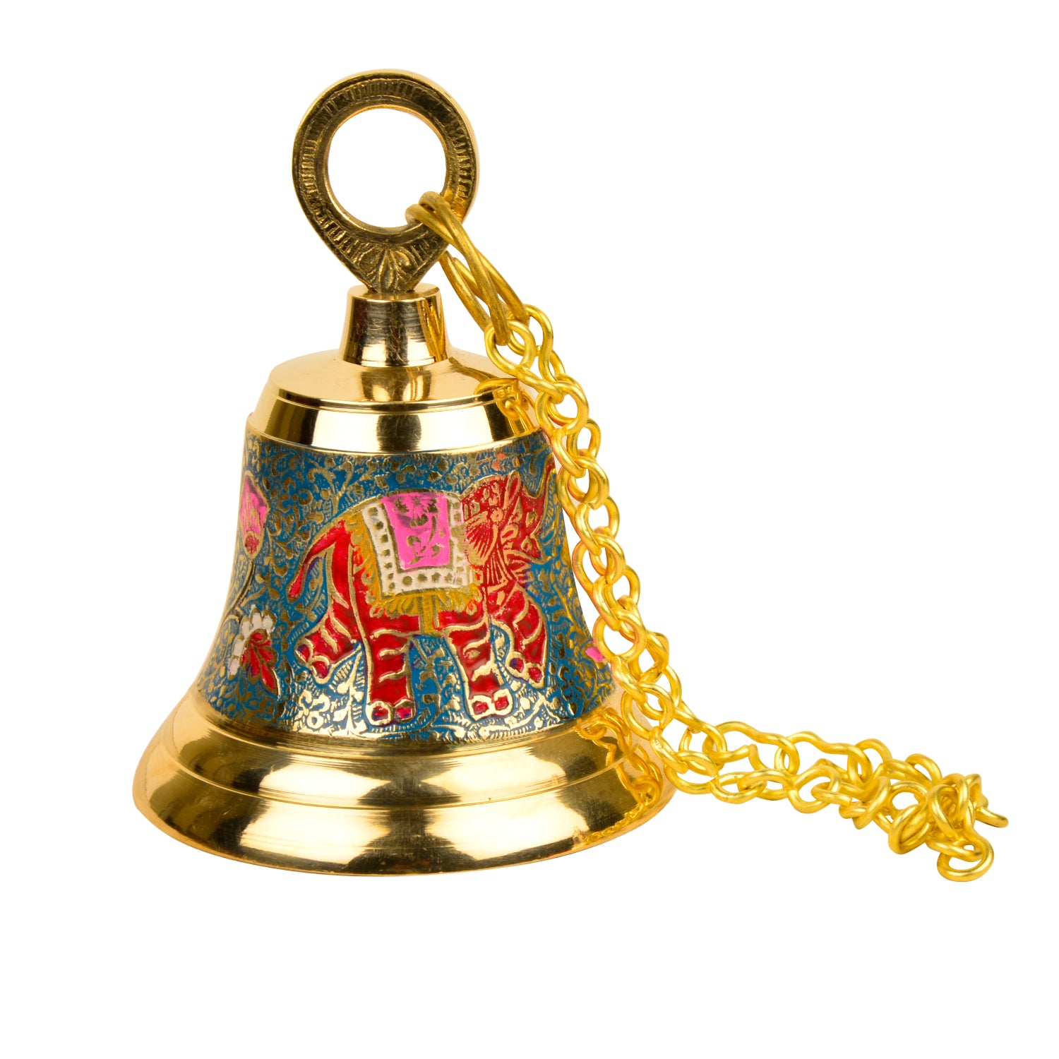 StyleMyway Pure Brass Hanging Temple Bell with Blue Elephant Engraving (Diameter - 12 cm, Height – 16 cm, 710 gm) - View 5