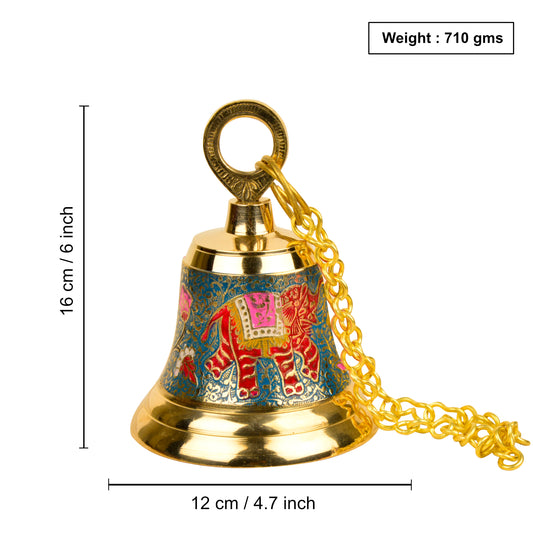 StyleMyway Pure Brass Hanging Temple Bell with Blue Elephant Engraving (Diameter - 12 cm, Height – 16 cm, 710 gm) - View 2